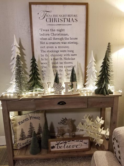 Affordable Christmas Trees, Christmas Decor With Trees, White Country Christmas Decor, Entryway Christmas Tree Modern, Green White And Wood Christmas, Entrance Table Christmas Decor Ideas, Christmas Decorations 2022/2023, Boho Beach Christmas, Ledge Christmas Decorating Ideas