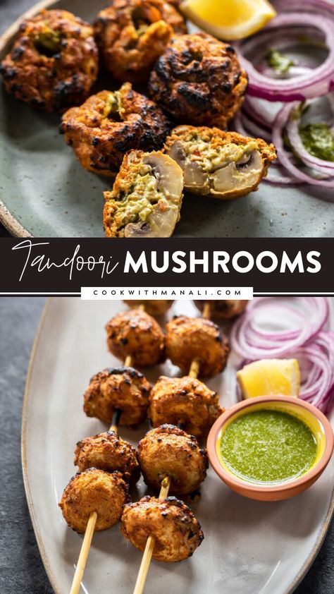 Mushroom Starters Appetizers, Canapes Recipes Vegetarian, Tandoori Mushroom Tikka, Veg Canapes Ideas, Fusion Vegetarian Recipes, Appetizer Vegetarian Recipes, Indian Fusion Recipes Vegetarian, Mushroom Snack Recipes, Mushroom Starter Recipes