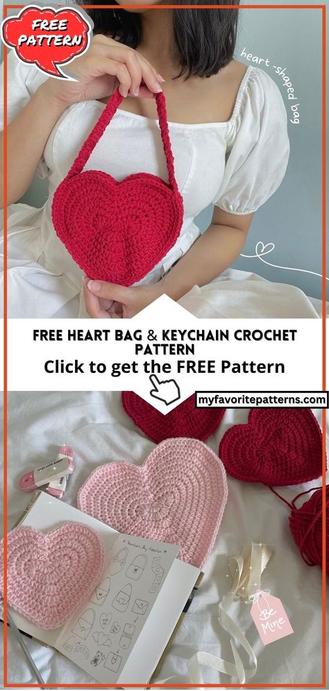 Free Heart Bag & Keychain Crochet Pattern Crochet Heart Accessories, Easy Valentines Crochet Patterns, Heart Bag Pattern Crochet, Heart Shape Bag Crochet, Heart Shape Crochet Pattern, Cute Valentines Day Crochet Ideas, Heart Crochet Bag Pattern Free, Simple Bag Crochet Free Pattern, Crochet Gifts For Valentines Day