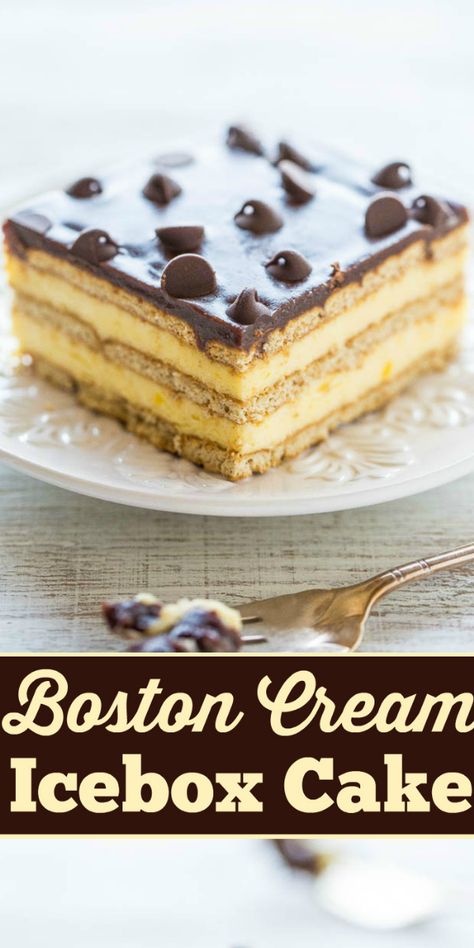 Boston Cream Icebox Cake (Refrigerator Cake Recipe) - Averie Cooks Boston Cream Pie Ice Box Cake, Coffee Ice Box Cake Recipes, Refrigerator Cake Recipes No Bake, Summer Icebox Cake, Boston Cream Desserts, Icebox Cake Recipes Graham Crackers, Refrigerator Cake Recipes, Boston Recipes, Ice Box Cake Recipes