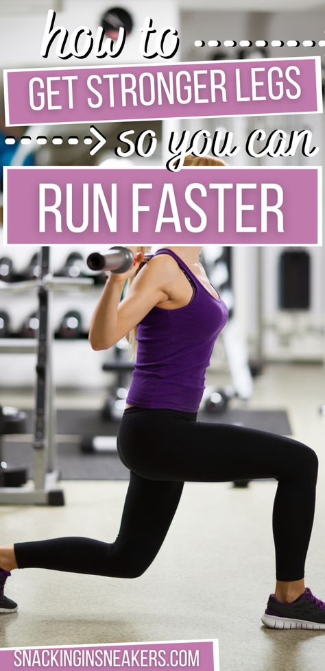 A woman doing a lunge in a gym, with a text overlay that says how to get stronger legs so you can run faster. How To Increase Leg Strength, Leg Workout For Runners Strength Running, Leg Day Workout For Runners, Leg Day For Runners Gym, Runners Leg Workout Strength Training, Leg Strengthening Workout, Running Leg Workout, Leg Workout Runners, Strengthen Legs At Home