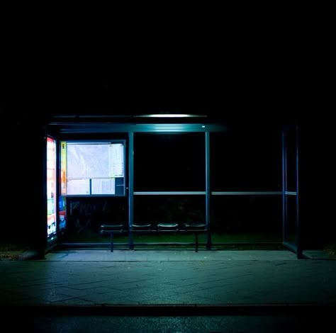 Bus At Night, Paranormal Aesthetic, Cube World, Photography Cinematic, Neon Noir, Photography Night, Bus Stops, Picture Writing Prompts, American Gothic