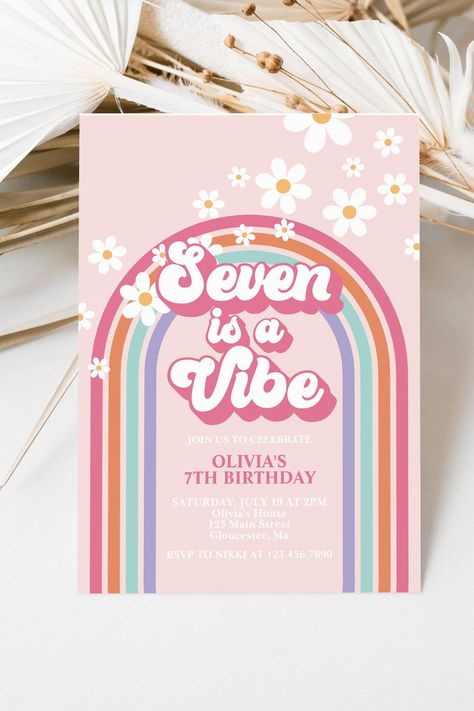 Retro Rainbow Seven is a Vibe 7th Birthday Invitation 7 Is A Vibe Birthday Party, Sassy And Seven Birthday Party, 7 Is A Vibe Birthday, Sweet Sassy And Seven Birthday, Vibe Birthday Party, 7th Birthday Invitation, 5th Birthday Invitation, Five Is A Vibe, Rainbow Birthday Invitations