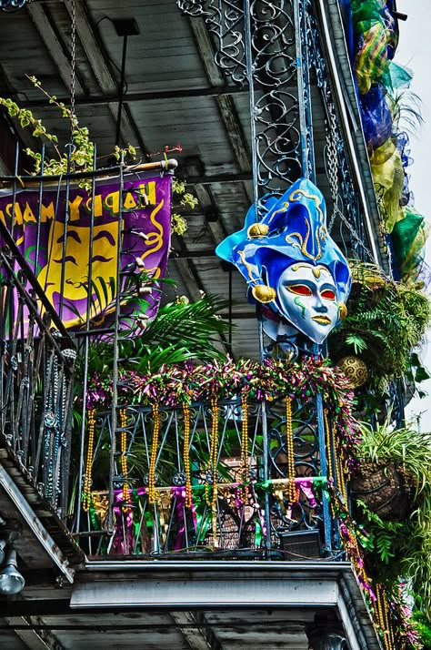 The French Quarter decorated for Mardi Gras Mardi Gras Louisiana, Decorated Balcony, Balcony French, Mardi Gras New Orleans, New Orleans French Quarter, New Orleans Mardi Gras, The Big Easy, Mardi Gras Decorations, Mardi Gras Carnival