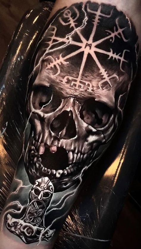 Evil Viking Tattoo, Nordic Skull Tattoo, Viking Skull Tattoo Design, Viking Skull Tattoo, Viking Skull Art, Ragnar Lothbrok Tattoo, Nordic Tattoo Ideas, Tattoo Crane, Viking Tattoos For Men