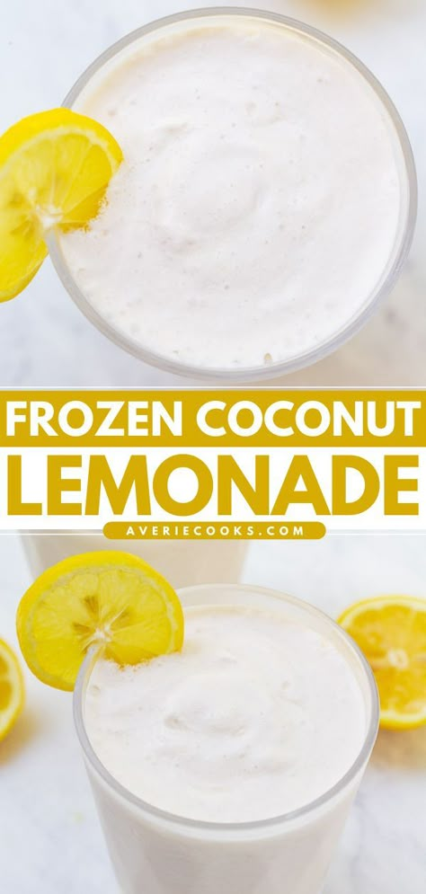 Frozen Coconut Lemonade, summer drinks, non alcoholic drinks Frozen Lemonade Recipe, Coconut Lemonade, Coconut Milk Drink, Coconut Drinks, Coconut Milk Recipes, Drink Recipes Nonalcoholic, Frozen Lemonade, Smoothie Drink Recipes, Lemonade Recipe