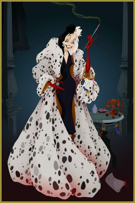 If Disney Villains Had Won - Cruella finally got enough Dalmatian furs to make the coat she always wanted. It's so nice to see dreams come true. Disney Movie Villains, Cruella Deville, Images Disney, Film Disney, 101 Dalmatians, Lilo Stitch, Disney Films, Disney Animation, Disney Villains