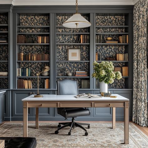 Working on various Home Office projects at the moment and I keeping being drawn back in, to built-ins, fun wallpaper and patterns patterns patterns !! I meeeeaan your office should be inspiring right? Design by: @baileybaxterinteriors #interiordesign #interiordesignersandiego #sdinteriors #sandiegodesigner #sandiegocontractor #sandiego #home #homestyle #officedesign Grasscloth Built Ins, Grasscloth Wallpaper Bookshelf, Home Library Wallpaper, Luxe Office Design, Wallpaper In Built In Shelves, Wallpaper In Back Of Bookcase, Built In Shelves With Wallpaper Back, Bookshelf Wallpaper Backing, Office Library Built Ins