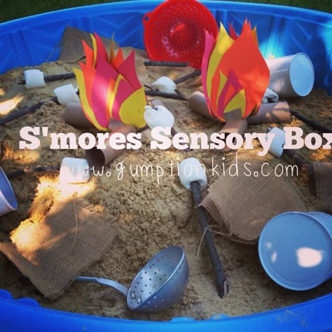 S'mores Sensory Box in Smart.Camp. Camping Sensory Bin Toddlers, Camping Sensory, Camping Preschool Theme, Preschool Camping Activities, Preschool Sensory Table, Camping Dramatic Play, Camping Week, Camping Preschool, Preschool Camping