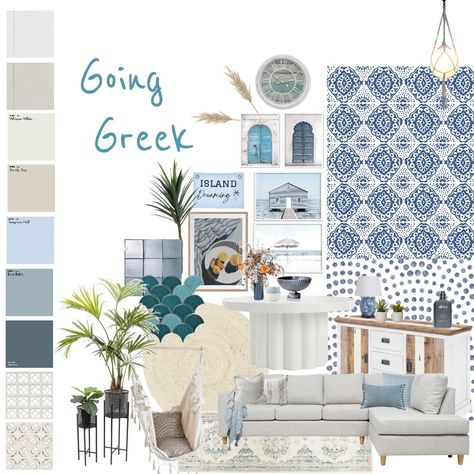 Santorini Living Room Design, Room Goals Aesthetic, Room Ideas Aesthetic Minimalist, Blue Colour Pallet, Beige Mood Board, Tile Arch, Aesthetic Rooms Ideas, Mood Board For Living Room, Room Aesthetic Minimalist