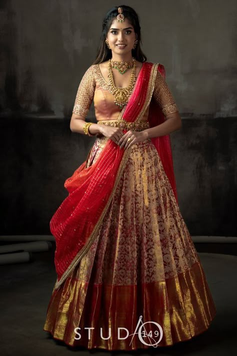 Silk Half Saree Indian Weddings, Kanchipuram Half Saree, Silk Half Saree Designs, Pattu Half Saree Indian Dresses, Pattu Langa Voni Half Saree, Gold Half Saree, Kanchi Pattu Lehenga Half Saree, Bride Choli, Pattu Lehenga Half Saree