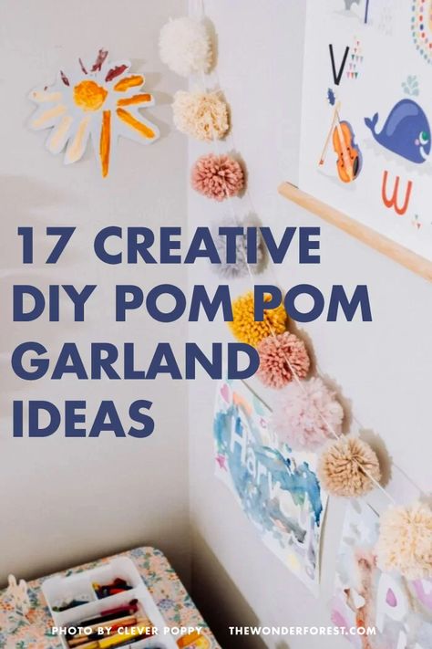 Pom Pom Garland Decor Ideas, Pom Pom Garland Decor, Pom Pom Nursery, Yarn Pom Pom Diy Garland, Tulle Pom Pom Garland, Pom Pom Garland Diy, Pom Garland Diy, Hanging Pompom Decorations, Diy Pom Pom Garland