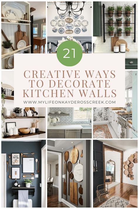 21 creative ways to decorate kitchen walls Kitchen Picture Collage, Traditional Kitchen Wall Decor, Country Kitchen Art, Bare Wall Kitchen Ideas, Photo Wall Collage Kitchen, Art Behind Stove, Kitchen Dining Area Wall Decor, Wall Decor In Kitchen Ideas, How To Decorate A Bare Wall