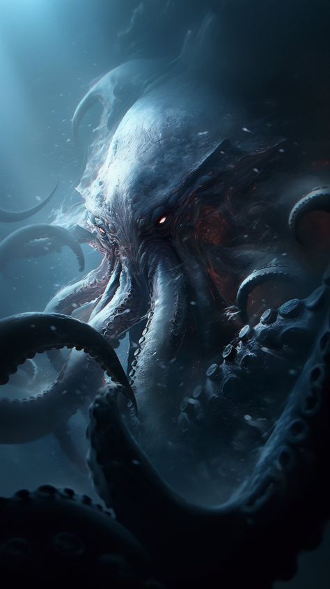 Dwelling in the dark cold depths of our oceans. The Kraken! Akin to squids, the gigantic masters of the sea are highly destructive and competent at carrying out their evil deeds! Capable of crushing the hull of a Galleons, wipe out entire islands and coasts, and cast old magic! Scary Sea Creatures, Kraken Monster, Sea Monster Art, Ocean Monsters, Kraken Art, Cthulhu Art, Creature Marine, Sea Creatures Art, Cthulhu Mythos