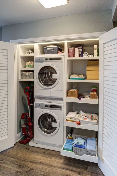 #storage #laundryroomdesign #laundry Laundry Tower Room Ideas, Laundry Room Linen Closet Combo, Closet Laundry Room Ideas Hallways, Laundry In Closet, Laundry Closet Design, Stacked Laundry Closet, Laundry Closets, Laundry Unit, Laundry Closet Organization