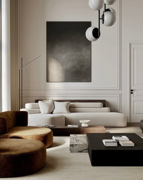 Minimal Traditional Home Interiors, Minimalist Luxe Interior Design, Minimalist Transitional Decor, Classical Modern Interior, Cream Sofa Living Room Color Schemes, Neoclassical Interior Living Rooms, Living Room Neoclassic, Modern Chic Interior Design, Nordic Design Interior