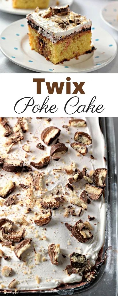 Twix Cake, Twix Candy, Desserts Cake, Poke Cake Recipes, Poke Cakes, Vegetarian Cake, Salty Cake, Caramel Topping, Yummy Dessert