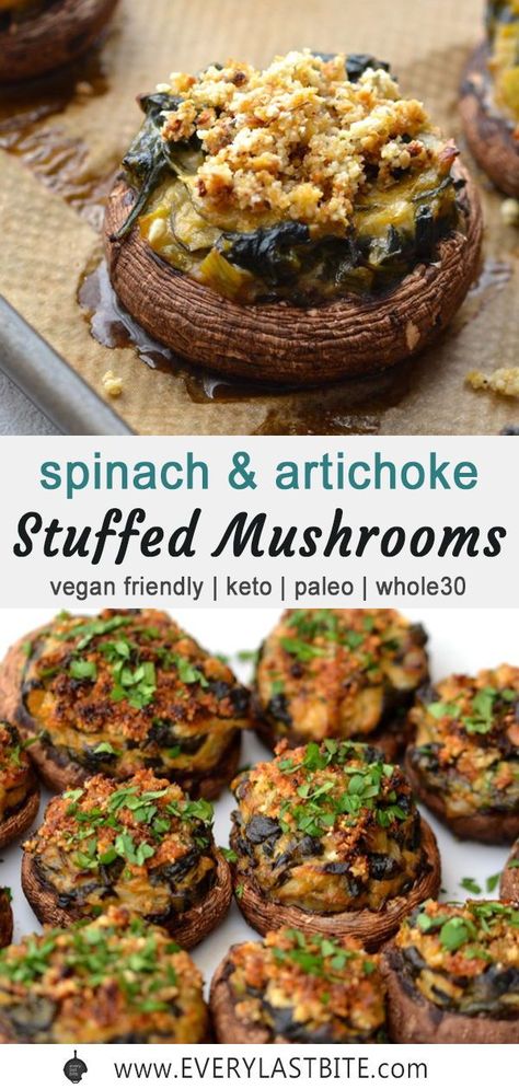 Paleo Stuffed Mushrooms, Spinach Artichoke Stuffed Mushrooms, Artichoke Stuffed Mushrooms, Portabella Mushrooms Recipes, Vegan Stuffed Mushrooms, Artichoke Stuffed, Portobello Mushroom Recipes, Paleo Appetizers, Stuffed Mushroom