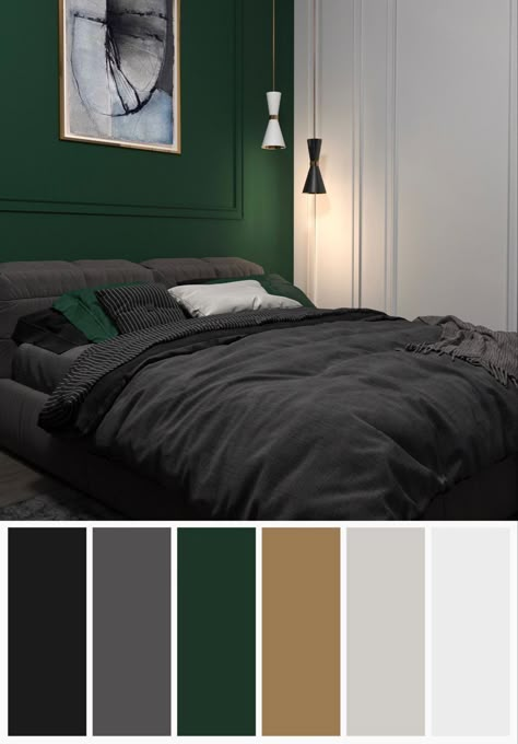 Grey Dark Green Bedroom, Dark Green Bedroom Palette, Emerald And Gray Bedroom, Emerald Green Bedroom Ideas Decor, Forrest Green Color Scheme Bedroom, Bedroom Ideas For Men Green, Forest Green Bedroom Color Scheme, Green And Black Interior Design, Black And Emerald Bedroom