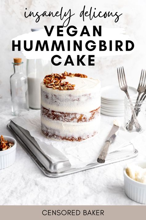 If you've never had hummingbird cake, all you need to know is bananas, pineapple, toasted pecans and cream cheese frosting. That's it. Oh! And this one it totally vegan! #vegancake #easterrecipe #easterdessert #springdessert Vegan Hummingbird Cake, Spiced Cake, Vegan Cream Cheese Frosting, Hummingbird Cake, Vegan Cake Recipes, Vegan Banana Bread, Spring Desserts, Cake Layers, Vegan Cream Cheese