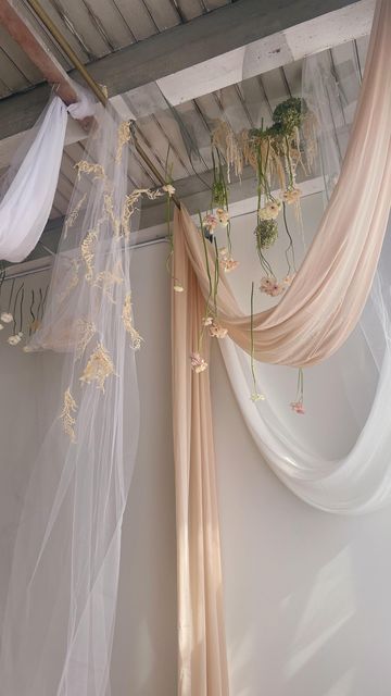 Chiffon Wall Draping, Draped Fabric On Wall, Wall Drapes Bedroom, Fabric Draping Photoshoot, Fabric Hanging From Ceiling, Hanging Fabric From Ceiling, Fabric From Ceiling, Fabric Installation Art, Drapery Ceiling