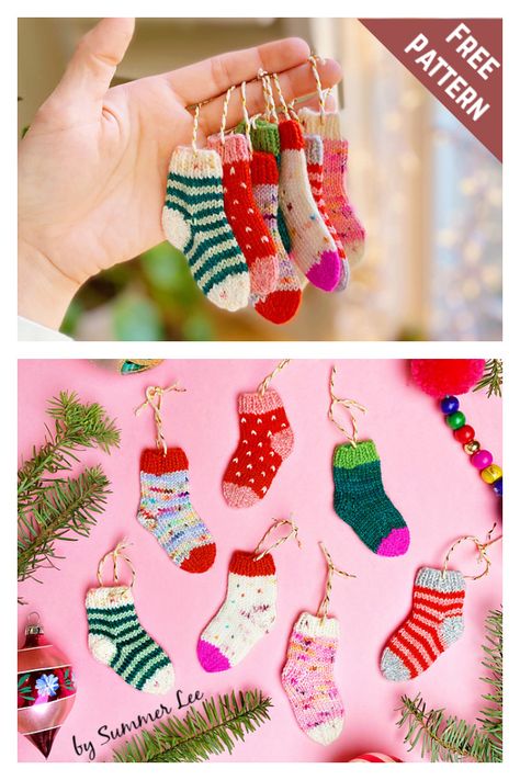 Tiny Tree Socks Free Knitting Pattern Christmas Decor Knitting Patterns, Xmas Socks Diy, Free Christmas Tree Knitting Patterns, Easy Christmas Knitting Projects, Quick Christmas Knits, Knitting Stocking Pattern, Christmas Knitted Decorations, Christmas Sock Ideas, Knitted Christmas Socks