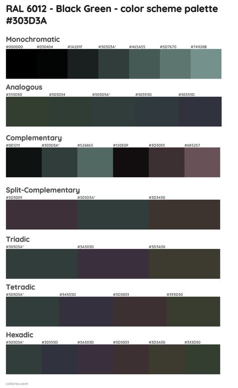 RAL 6012 - Black Green Color Scheme Palettes Green Black Aesthetic, Green And Black Color Palette, Gothic Color Palette, Druid Necromancer, Green Color Chart, Grey Paint Schemes, Green Color Names, Green Color Palettes, Colors Name In English