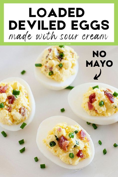 loaded deviled eggs Deviled Eggs With Sour Cream, Potato Deviled Eggs, Loaded Deviled Eggs, Intermittent Fasting Recipes, Baked Potato Dinner, Eggs With Bacon, Deviled Egg Recipe, Deviled Eggs Recipe Easy, Salad Jar Recipe