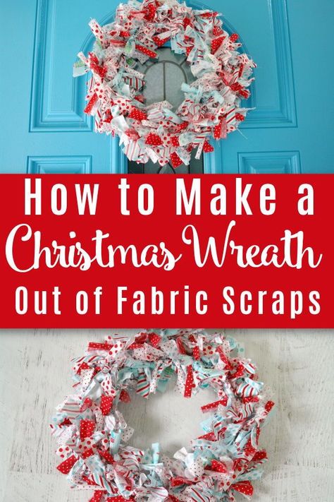 Christmas Fabric Crafts Wreaths & Garlands, Fabric Scrap Wreath Diy, Tied Fabric Wreath, No Sew Christmas Wreath, Material Christmas Decorations, Christmas Fabric Wreaths Diy, Easy To Make Christmas Wreaths, Fabric Christmas Wreath Diy, Christmas Wreaths Fabric