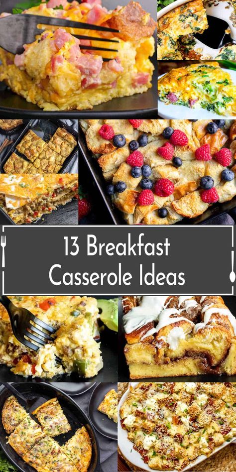 collage of breakfast casseroles Sweet Egg Bake Breakfast Recipes, Healthy Casserole Breakfast, Easy One Dish Breakfast, One Pan Brunch Ideas, Breakfast Casseroles To Feed A Crowd, Breakfast Casseroles Healthy, Breakfast Casserole Quick, Dump And Go Breakfast Casserole, Crockpot Breakfast Casserole Healthy