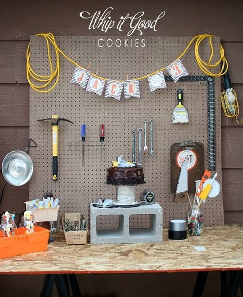 Tool Birthday Party Ideas, Tool Themed Birthday Party For Men, Mechanic Decorations Party, Tool And Gadget Shower Ideas, Electrician Party Decorations, Mechanic Baby Shower Ideas, Mechanics Birthday Party, Fathers Day Backdrop, Tools Birthday Party