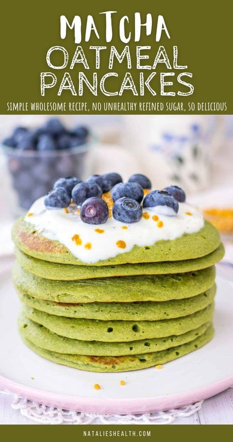 These Matcha Pancakes are such a treat. They are incredibly tasty. Soft, sweet, vanilla flavored, absolutely delicious. So easy to make too, using only a few simple ingredients. Loaded with heart-healthy oats and made without refined sugars, these matcha green tea pancakes make a perfect healthy breakfast or brunch. ----- #pancake #pancakerecipe #matcha #matchagreentea #matchapancakes #breakfast #pancakes #pancakeday #breakfasttime #healthybreakfast #healthyeating #healthyfood #recipe #recipes Vegan Matcha Pancakes, Matcha Protein Pancakes, Matcha Pancakes Aesthetic, Matcha Keto Recipes, Matcha Recipe Healthy, Matcha Breakfast Recipes, Matcha Pancakes Healthy, Matcha Gluten Free, Healthy Matcha Recipe