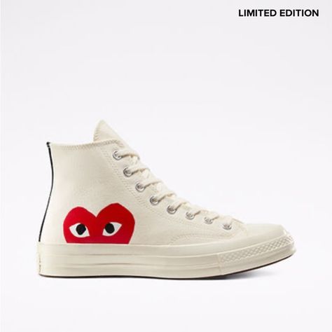 Converse x Comme des Garçons PLAY Chuck 70 Comes Des Garcons Converse, High Top White Shoes, Converse X Comme Des Garcons, Cdg Converse, Tenis Converse, Converse Comme Des Garcons, Garcons Converse, Converse High Top, Play Comme Des Garcons