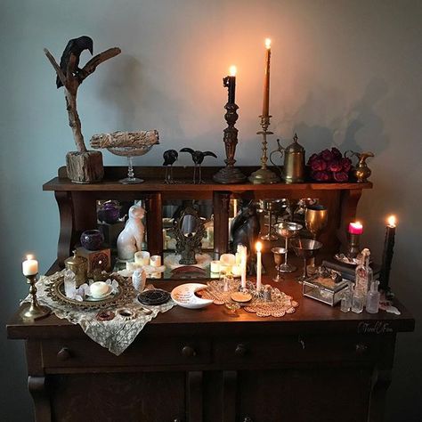 “Arranging & Whatnot” ☾ I have a window to the left of this beautiful antique oak sideboard. It gives me the perfect lighting and this is… Antique Oak Sideboard, Altar Inspiration, Alter Ideas, Sacred Space Altar, Witchcraft Altar, Witch Room, Wiccan Decor, Witch Cottage, Altar Ideas