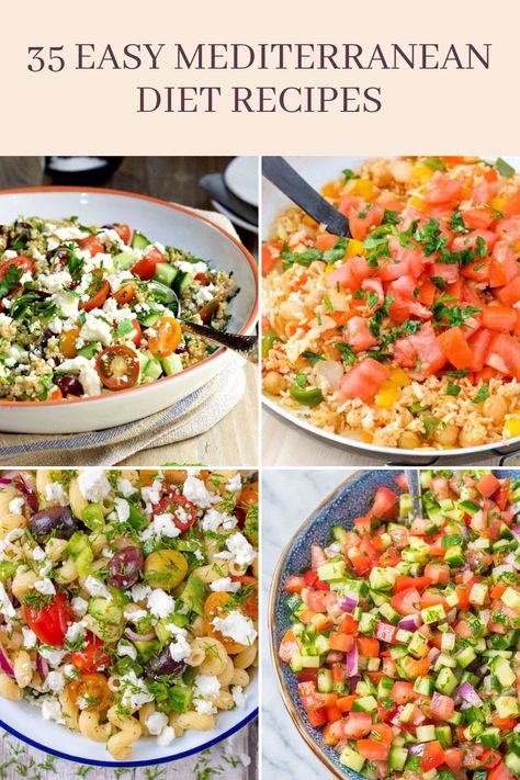 Discover 35 easy Mediterranean diet recipes featuring bright ingredients and delicious flavors. This pin showcases 4 mouthwatering images of various Mediterranean meals perfect for any beginner looking to try a new diet. Eating Well Mediterranean Diet Recipes, Mediterranean Lifestyle Recipes, Mediterranean Diet For Picky Eaters, Mediterranean Dash Diet Recipes, Mediterranean Diet Recipes Meal Prep, Meditterean Diet Recipes Dinner, Easy Mediterranean Diet Recipes Lunches, Metaterrainian Diet Recipes, Mediteranian Diet Recipes Healthy Easy