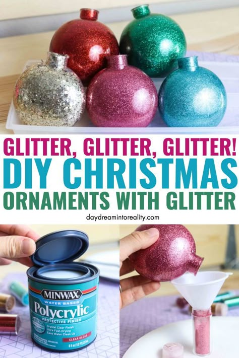 How To Make Glitter Christmas Bulbs, Sparkly Christmas Ornaments Diy, Diy Christmas Ornaments Glitter Balls, Diy Glitter Ball Ornaments, Glitter Balls Ornaments, Ornaments With Glitter Inside, How To Make Glitter Ornaments Diy, How To Make A Glitter Ornament, Round Glitter Ornaments