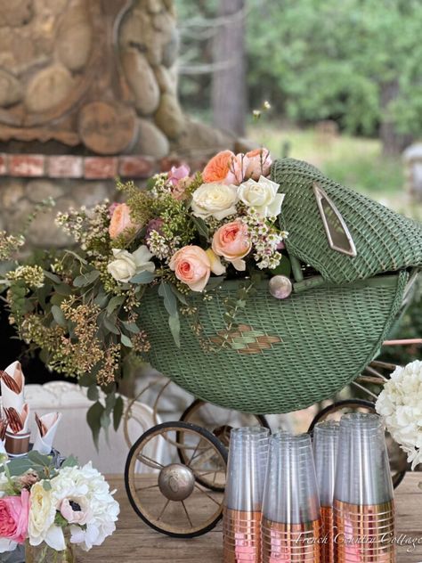 Celebrate: How to Make a Flower Filled Baby Carriage - French Country Cottage Courtney Allison, Rose Gold Flatware, Fancy Table, French Vintage Decor, Outdoor Baby Shower, Baby Buggy, Outdoor Living Rooms, Baby In Bloom, Buy Candles