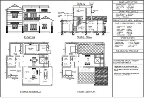 Residential building with detailed plan section elevation specifications with plinth area carpet area floor area with in the A3 plot. CARPET AREA DETAILS: GROUND FLOOR - 100.43 Sqmt FIRST FLOOR - 56.45 Sqmt TOTAL - 156.88 Sqmt SPECIFICATIONS: Foundation & Basement - R.R in C.M 1:8 Plastering walls - C.M 1:4, 12mm thick Plastering ceiling - C.M 1:3, 12mm thick Super Small House Design Floor Plan, Residential Building Plan, Building Design Plan, 2bhk House Plan, Indian House Plans, Open House Plans, Building Foundation, Residential Building Design, Kerala House