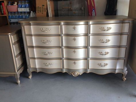 Metallic Two toned Dresser and Side Table. Two Toned Dresser, Silver Painted Furniture, Metallic Dresser, Two Tone Dresser, Metallic Furniture, Silver Leafing, Metallic Painted Furniture, Metallic Painting, Painted Drawers