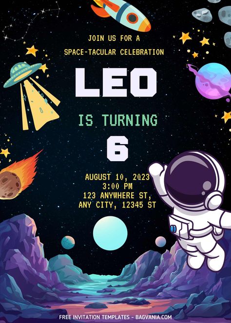 Awesome FREE Space Astronaut Birthday Invitation Templates #free #freeinvitation2019 #birthday #disney #invitations #invitationtemplates Astronaut Theme Birthday Invitation, Birthday Invitation Space Theme, Astronaut Invitation Template, Cosmos Birthday Party, Space Birthday Party Invitations, Astronaut Birthday Invitations, Out Of Space Birthday Party, Space Theme Invitations, Creative Birthday Invitations