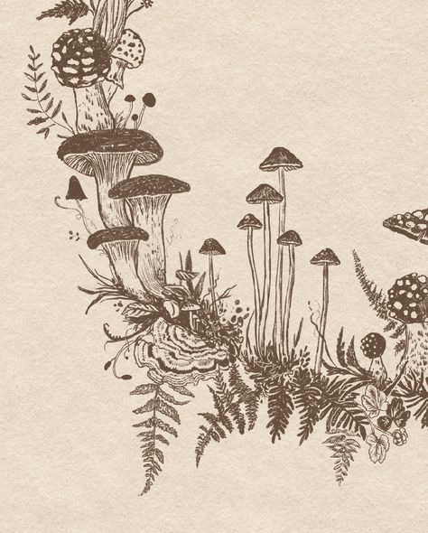 A delicate mushroom wreath full of intricately illustrated fungi and flora ✨🍄‍🟫 I wish it was real and I could hang it on my door! Fairy Ring Mushrooms Illustration, Mushrooms Line Art, Cottage Core Line Art, Forest Floor Illustration, Mushroom Illustration Cute, Mushroom Alphabet, Tree Roots Art, Old Fairytale Illustration, Mushroom Linocut