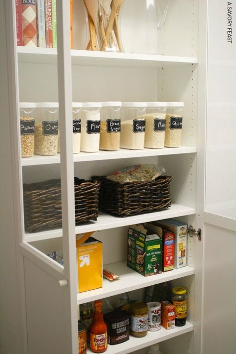 No pantry? No problem! Our new house had a laundry room right off of the kitchen, so I used the Ikea Billy Bookcase to add a pretty, organized pantry space. We… Bookshelf Pantry, Billy Diy, Pantry Ikea, Ikea Organisation, Ikea Kitchen Organization, Pantry Hacks, Pretty Pantry, Ikea Pantry, Billy Oxberg