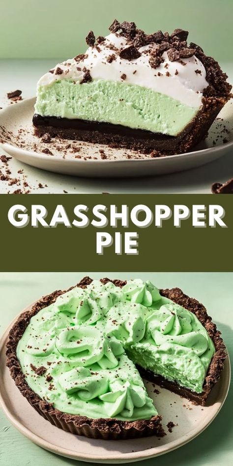 Minty, creamy, and absolutely irresistible, this classic Grasshopper Pie is a must-try dessert! 🌿🥧 With a chocolate crust and a rich, mint-flavored filling, this no-bake pie is perfect for family gatherings, special occasions, or a sweet treat anytime. Bring a nostalgic favorite to your dessert table! Tap to save this delightful recipe! 📌 #GrasshopperPie #NoBakeDesserts #MintDesserts #ChocolateMint #EasyDesserts #PieRecipes #HolidayBaking #SweetTreats Chocolate Mint Pie, Chocolate Crumb Crust, Grasshopper Pie Recipe, Christmas Family Dinner, Mint Pie, Homemade Pie Recipes, Mint And Chocolate, Mint Desserts, Grasshopper Pie