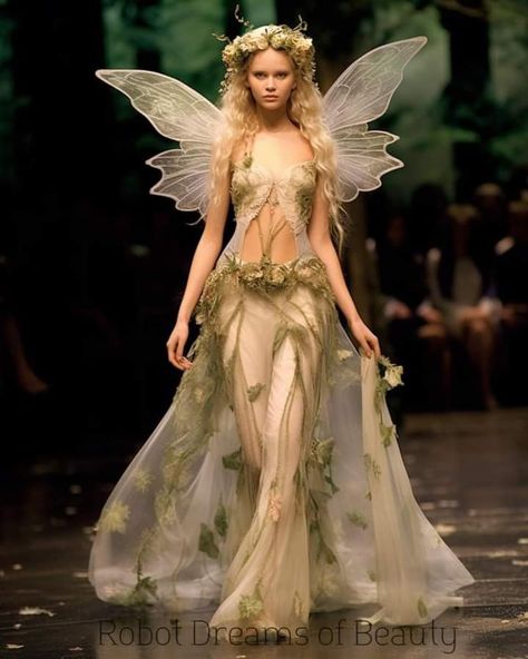 Majestic Fairy Costume, Forest Fairy Gown, Fairy Haute Couture, Fariy Tail Dresses, Nature Runway Fashion, Midsummer Nights Dream Fairy Costume, Fairytale Style Outfit, Nature Fairy Aesthetic Outfit, Halloween Costumes Fairy Women