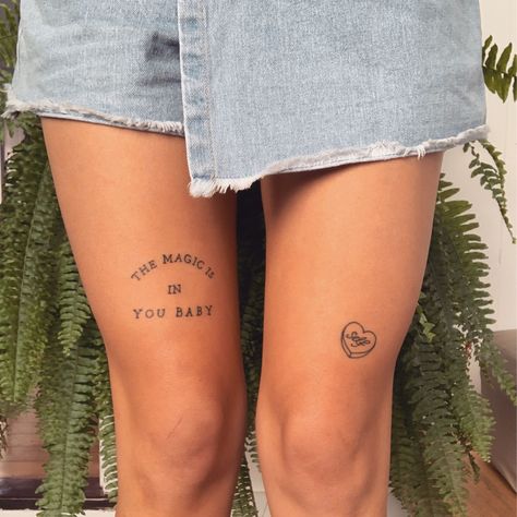 Small Back Of Leg Tattoo, Script Knee Tattoo, Curved Text Tattoo, Upper Knee Tattoo Women Quotes, Sticker Tattoo Leg, Leg Sticker Tattoo Sleeve, Minimalist Tattoo Leg, Selfless Tattoo, Knee Tattoos Women Words