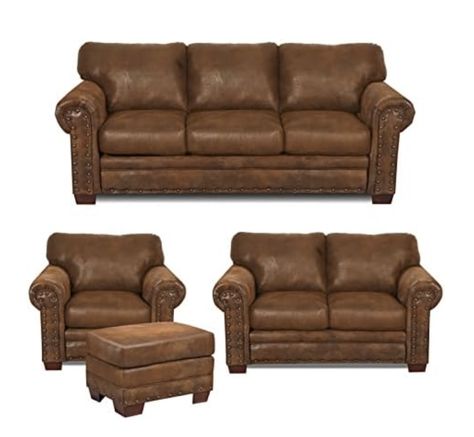 -Leather look solid color microfiber -Solid wood frame will last for years -Comfortable foam seat and back cushions are -wrapped with fiber for a comfortable seat -Nail head accents bring a rustic look to this group -Solid wood legs -Ships in several boxes, may ship separately Log Cabin Living Room Ideas, Western Rustic Home Decor, Log Kitchen, Texas Living Room, Southwestern Chairs, Lodge Living Room, 4 Piece Living Room Set, Cozy Cabin In The Woods, Lodge Furniture