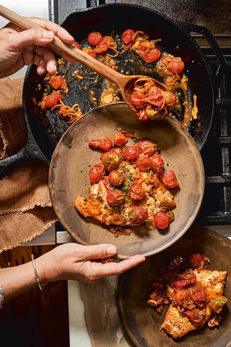 Flash-in-the-pan chicken with burst tomato sauce | House & Garden Fresh Bowls, Burst Tomato, Burst Tomatoes, French Vinaigrette, Game Hens, Chicken Dance, Pasta Fagioli, Walnut Recipes, Chicken Recipies