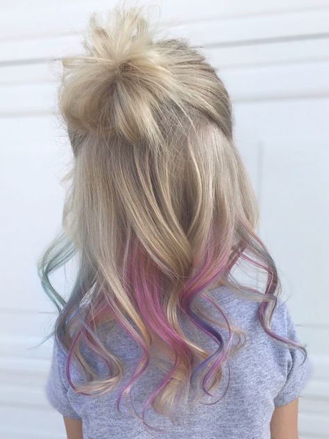 Little girl hair color. Pink, teal, and purple peekaboos. Little girl hairstyles Balayage Purple Hair, Pink Hair Streaks, Kids Hair Color, Mermaid Hair Color, Girl Hair Colors, Peekaboo Hair, Bella Hair, Hair Color Streaks, Hair Streaks