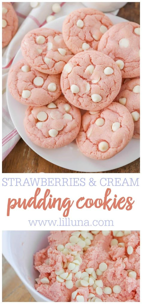 Soft & chewy Strawberry Cookies are filled with jello, pudding, and white chocolate chips, making them irresistible! #strawberrycookies #puddingcookies #strawberriesandcream #strawberry #cookies Container Cucumbers, Strawberries N Cream, Jello Cookies, Strawberry Pudding, Cake Mix Desserts, Strawberry Jello, White Chocolate Chip Cookies, Pudding Cookies, Strawberry Cookies