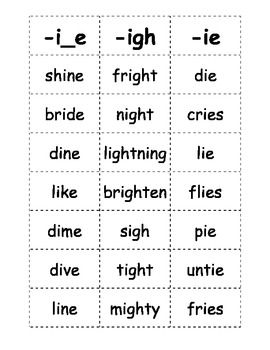 Here is a list of words with the long i sound that kids can play games with.  This document includes words with the "-ie," "-i_e," and "-igh" spelling pattern.  Here is my usual routine with these words cards: 1. Cut & Cleanup (That way they have a clean playing area!) 2. Long U Words, Long E Words, Long I Words, Ingles Kids, Long Vowel Words, Words Their Way, Word Sort, List Of Words, Vowel Teams